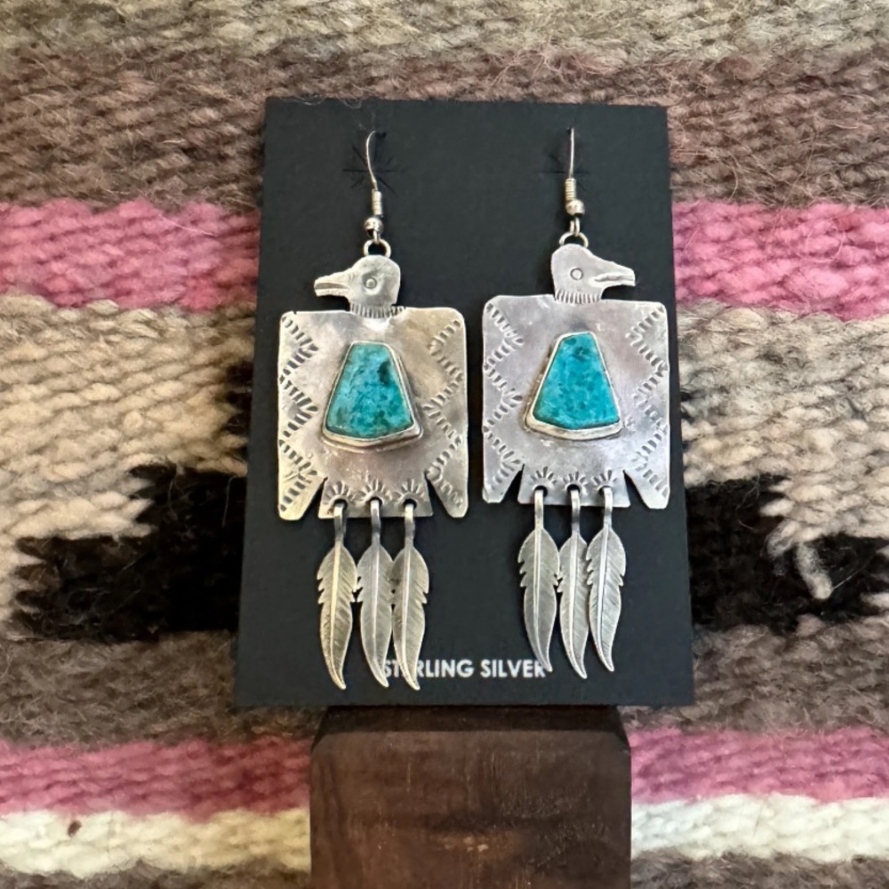 Navajo Fred Begay Turquoise Sterling Silver Thunderbird Earrings